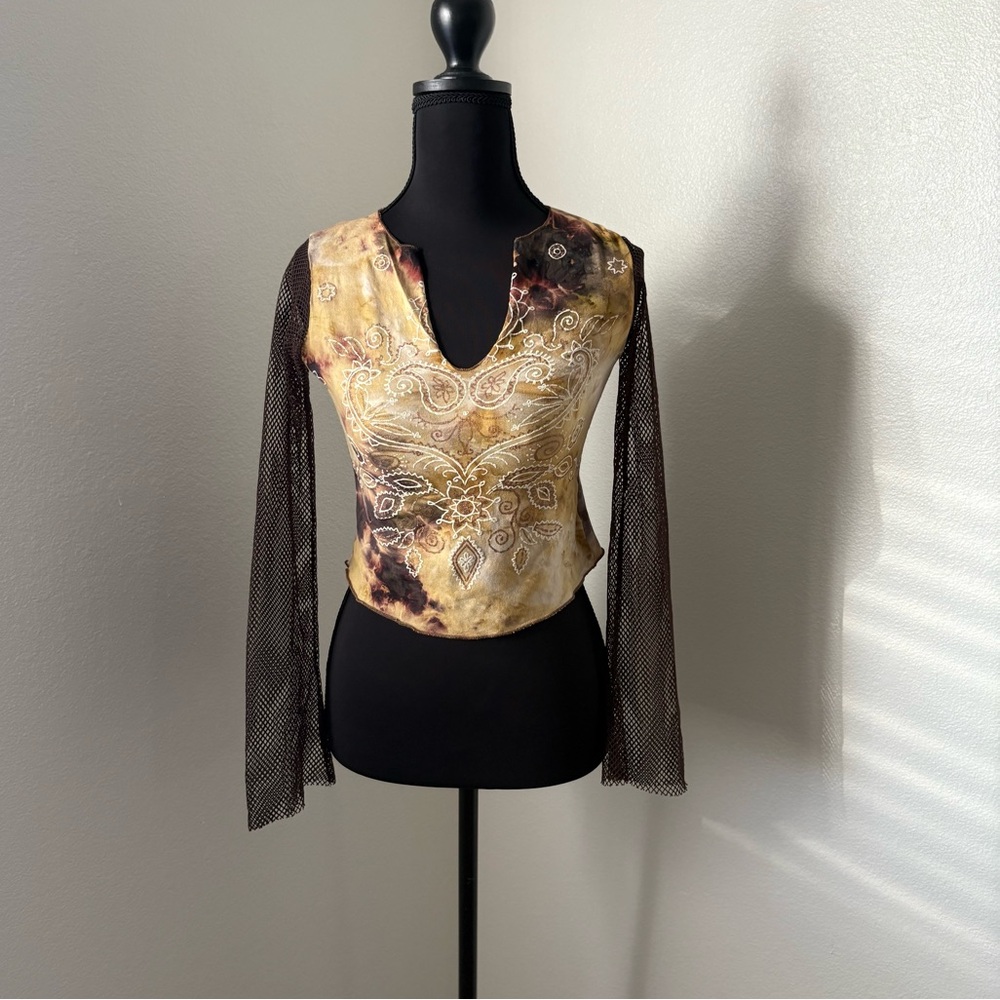 Tan Tie Dye Patterned Top with Netted Sleeves- Size XS